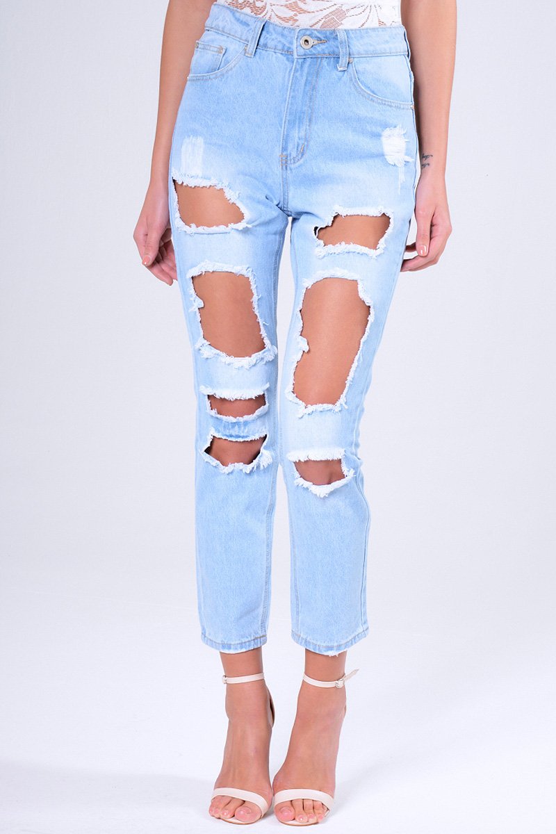 Blue Light Wash Ripped Thigh Detail Mom Jeans - Ashleigh-Jeans