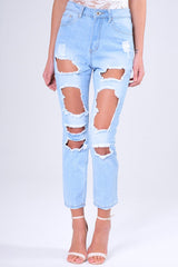 Blue Light Wash Ripped Thigh Detail Mom Jeans - Ashleigh-Jeans