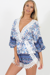 Blue Low Cut Crochet Playsuit - Evelyn-Playsuits