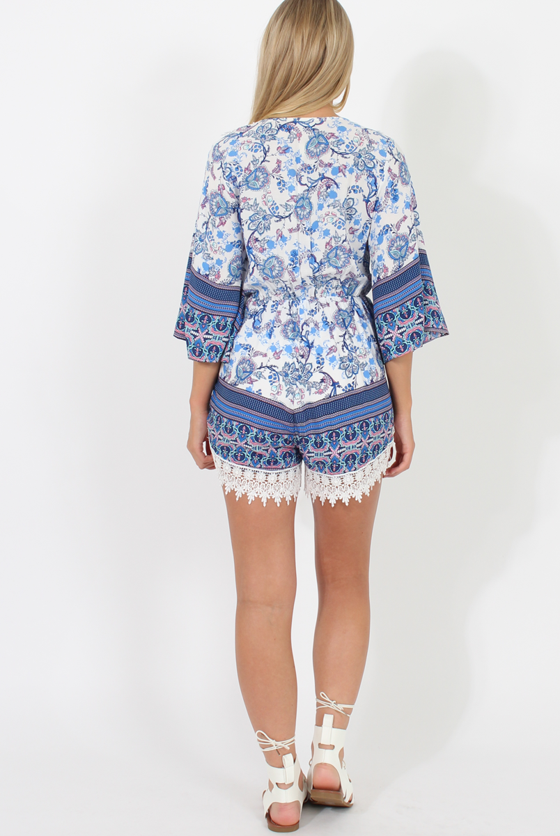 Blue Low Cut Crochet Playsuit - Evelyn-Playsuits