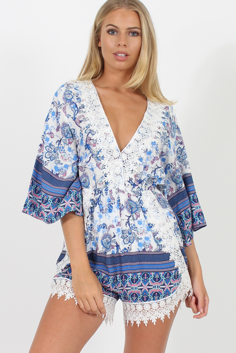 Blue Low Cut Crochet Playsuit - Evelyn-Playsuits