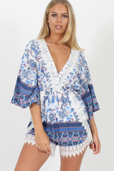 Blue Low Cut Crochet Playsuit - Evelyn-Playsuits