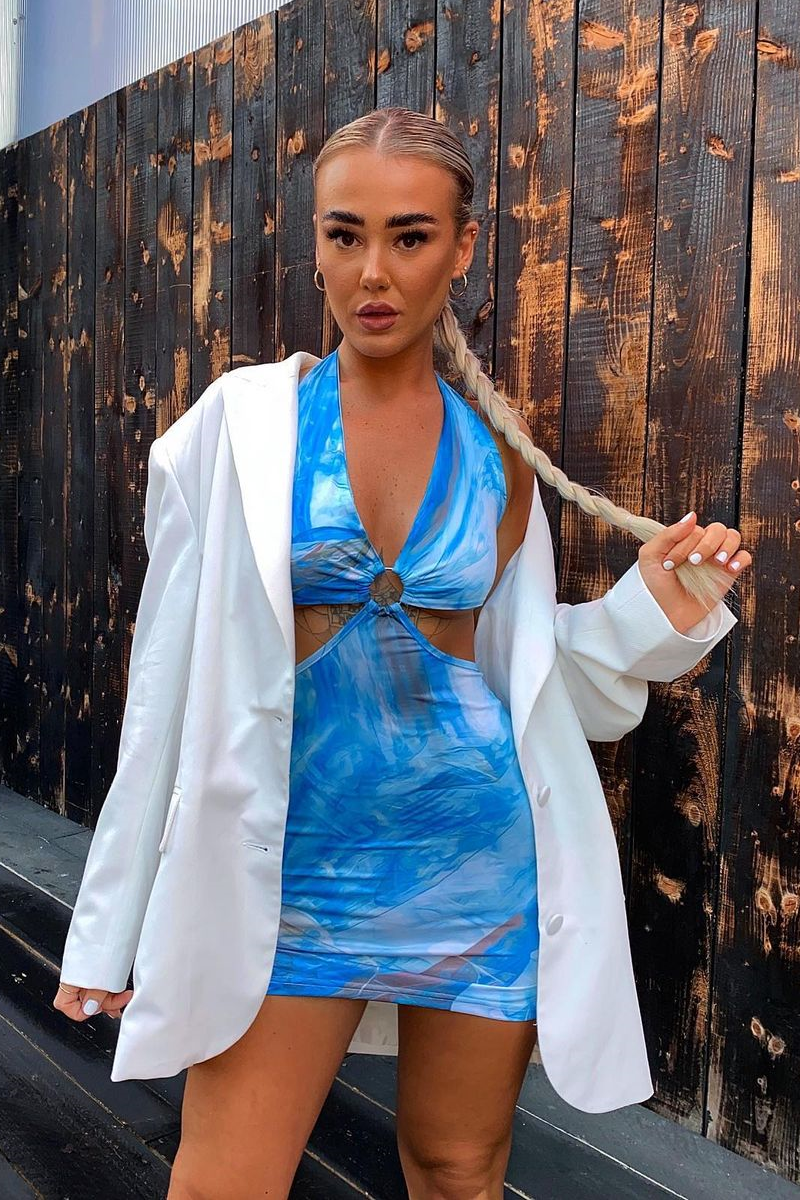 Blue Marble Cut Out Ring Detail Halter Neck Mini Dress - Joanie-Dresses