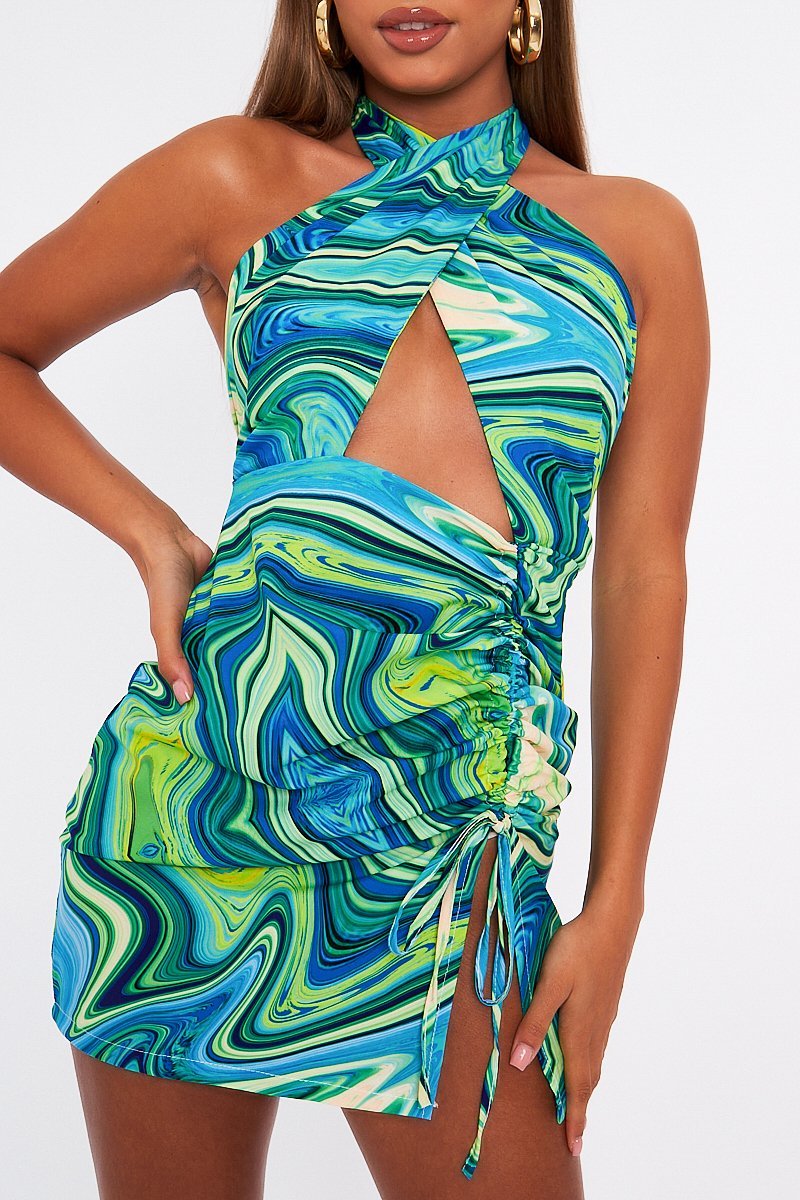 Blue Marble Halter Neck Cut Out Ruched Mini Dress - Oliviyah-Dresses