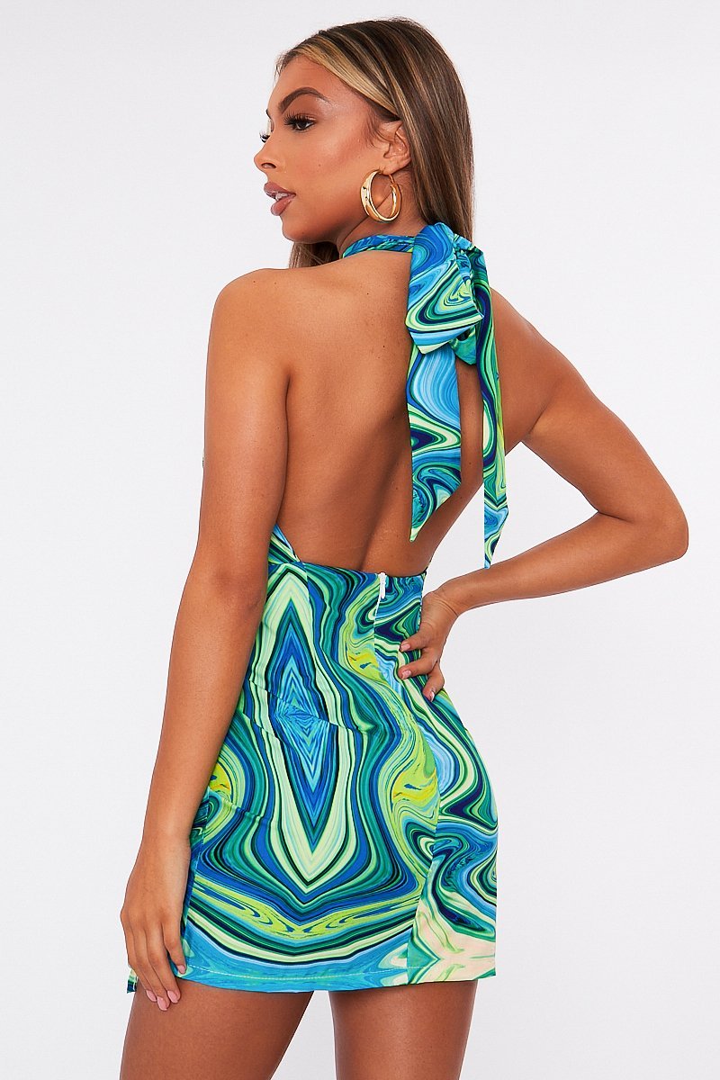 Blue Marble Halter Neck Cut Out Ruched Mini Dress - Oliviyah-Dresses