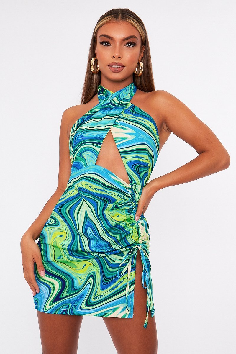 Blue Marble Halter Neck Cut Out Ruched Mini Dress - Oliviyah Blue Marble Halter Neck Cut Out Ruched Mini Dress - Oliviyah