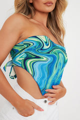 Blue Marble Print Tie Back Bandana Crop Top - Toka-Crop Tops