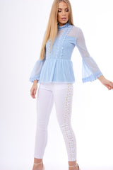 Blue Mesh Crochet Bell Sleeve High Neck Blouse - Loretta-Tops