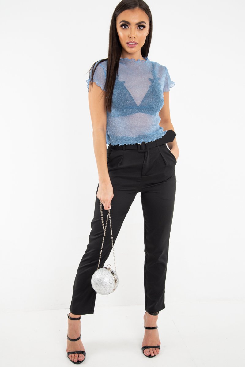Blue Mesh Glitter Crop Top - Kiah-Crop Tops
