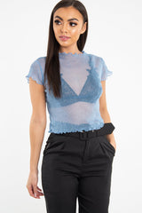 Blue Mesh Glitter Crop Top - Kiah-Crop Tops