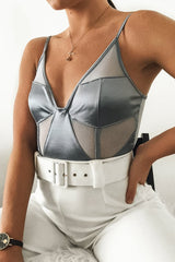 Blue Mesh Insert Sleeveless Bodysuit - Milana-Bodysuits