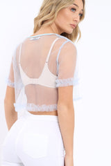 Blue Mesh Ruffle Crop Top - Cleo-Tops