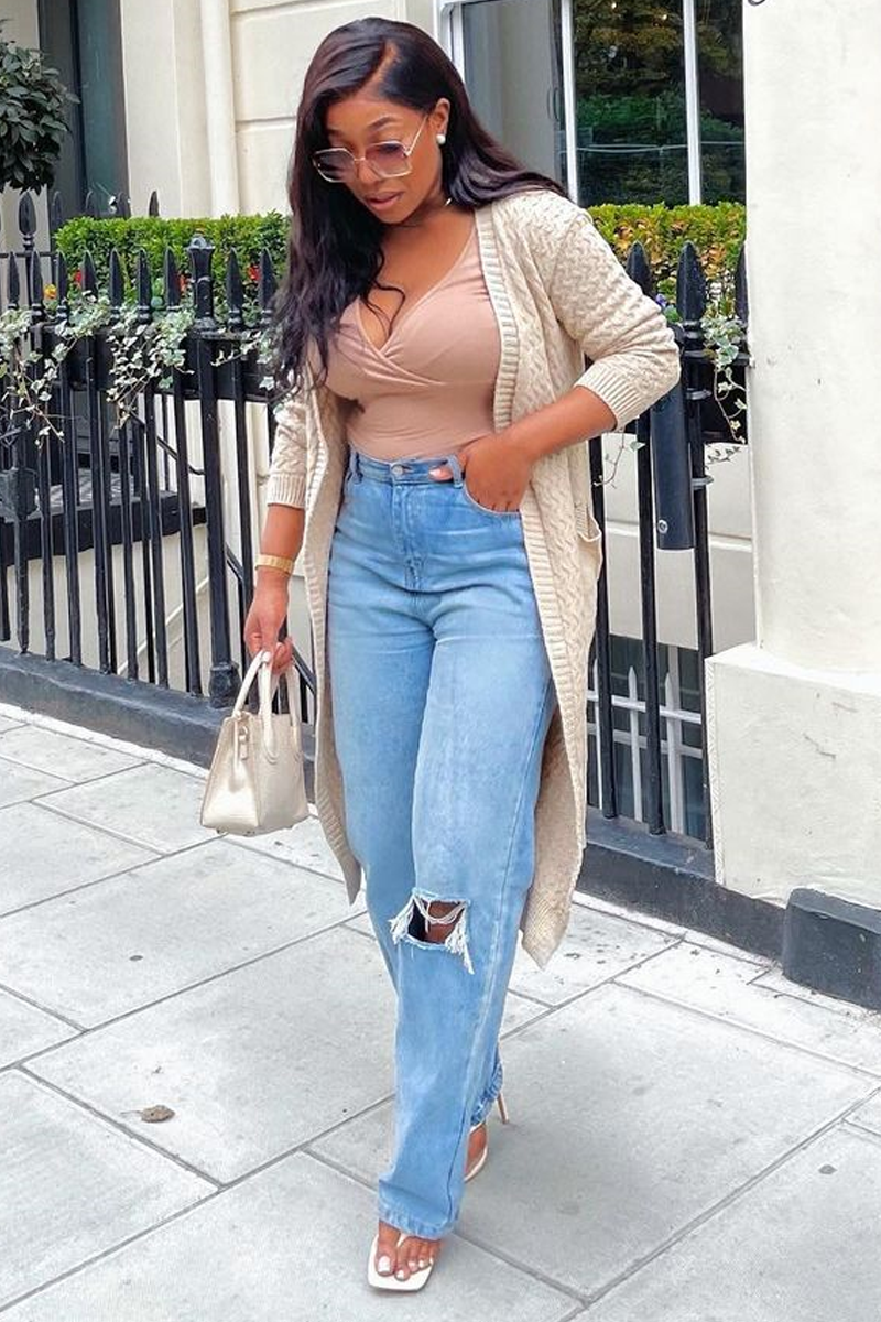 Blue Mid Wash Ripped Knee Straight Leg Jeans - Brilynn