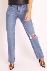 Blue Mid Wash Ripped Knee Straight Leg Jeans - Brilynn-Jeans