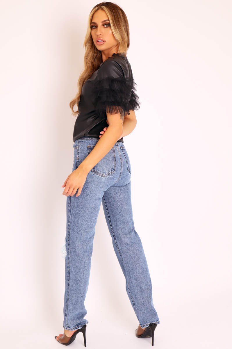 Blue Mid Wash Ripped Knee Straight Leg Jeans - Brilynn-Jeans