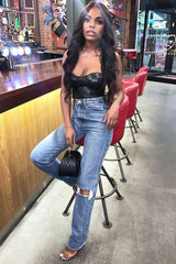 Blue Mid Wash Ripped Knee Straight Leg Jeans - Brilynn-Jeans