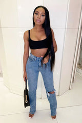 Blue Mid Wash Ripped Knee Straight Leg Jeans - Brilynn-Jeans