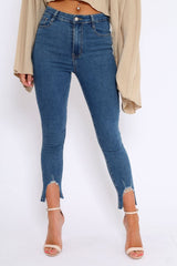 Blue Mid Wash Split Hem Skinny Jeans - Raizy-Jeans