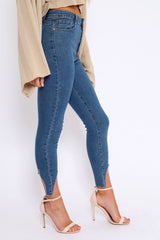 Blue Mid Wash Split Hem Skinny Jeans - Raizy-Jeans