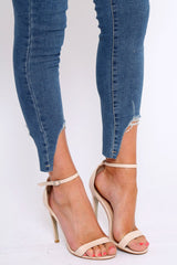 Blue Mid Wash Split Hem Skinny Jeans - Raizy-Jeans