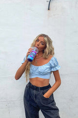 Blue Milkmaid Bow Tie Back Detail Crop Top - Smith-Crop Tops