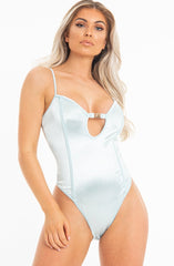 Blue Mint Satin Clasp Front Plunge Seam Front Bodysuit - Maisie-Bodysuits