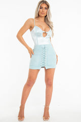 Blue Mint Satin Clasp Front Plunge Seam Front Bodysuit - Maisie-Bodysuits