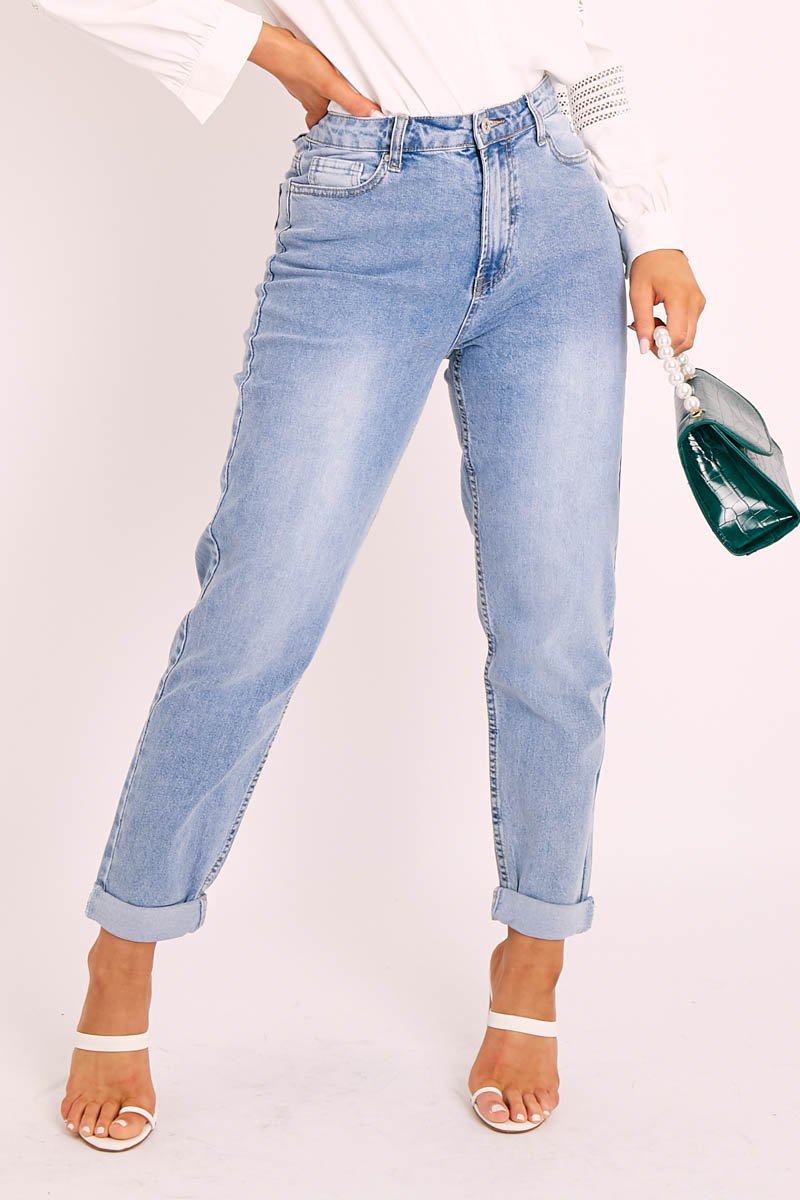 Blue Mom Fit Roll Hem Denim Jeans - Naomi-Jeans
