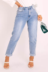 Blue Mom Fit Roll Hem Denim Jeans - Naomi-Jeans