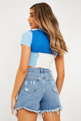 Blue Multi Contrast Stitch Panel Crop Top - Desire-Crop Tops