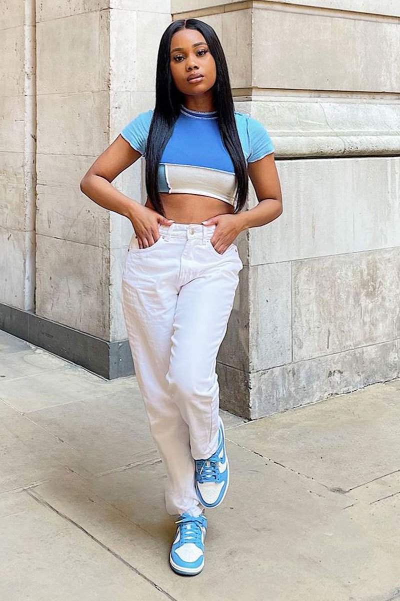 Blue Multi Contrast Stitch Panel Crop Top - Desire-Crop Tops