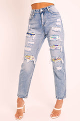 Blue Multi Sequin Ripped Boyfriend Jeans - Kacie-Jeans