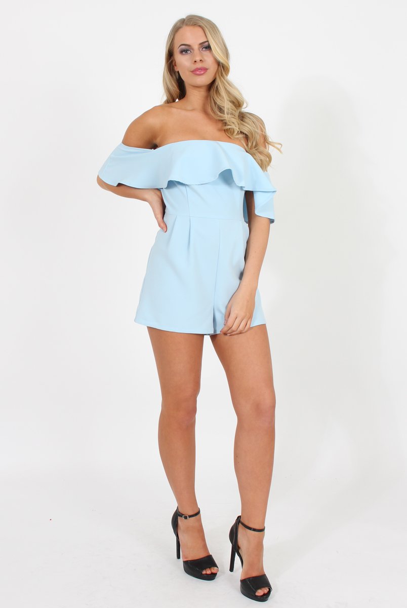 Blue Off The Should Frill Playsuit - Annalix-Playsuits