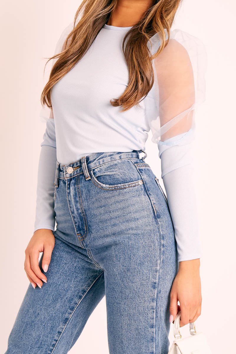 Blue Organza Half Puff Sleeve Top - Isla-Tops