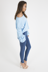 Blue Oversized Frill Sleeve Top - Connie-Tops