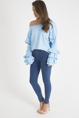 Blue Oversized Frill Sleeve Top - Connie-Tops