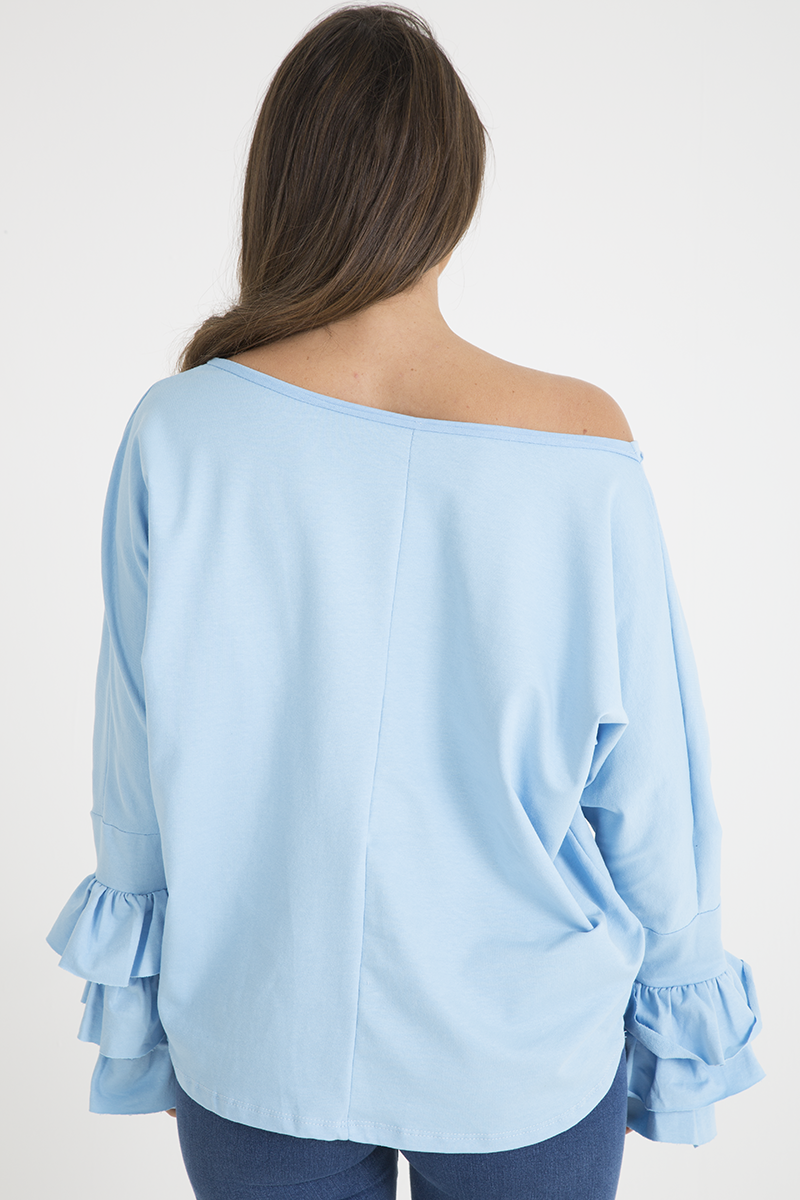 Blue Oversized Frill Sleeve Top - Connie-Tops