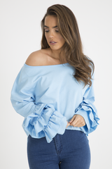 Blue Oversized Frill Sleeve Top - Connie-Tops