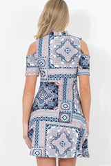 Blue Paisley Cold Shoulder Dress - Francis-Dresses
