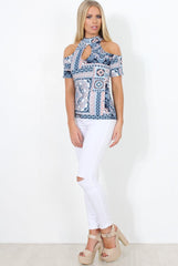 Blue Paisley Cold Shoulder Top - Franca-Tops