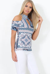 Blue Paisley Cold Shoulder Top - Franca-Tops