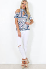 Blue Paisley Cold Shoulder Top - Franca-Tops