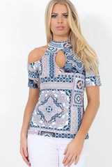 Blue Paisley Cold Shoulder Top - Franca-Tops