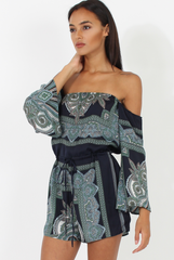 Blue Paisley Off The Shoulder Playsuit - Chelsey-Playsuits