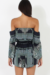 Blue Paisley Off The Shoulder Playsuit - Chelsey-Playsuits