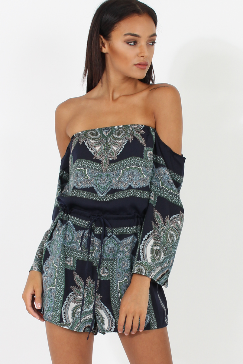 Blue Paisley Off The Shoulder Playsuit - Chelsey-Playsuits
