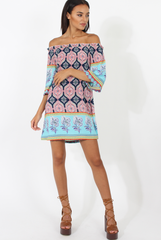 Blue Paisley Print Bardot Frill Trim Dress - Tanya-Dresses