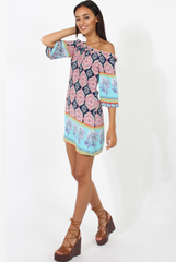 Blue Paisley Print Bardot Frill Trim Dress - Tanya-Dresses