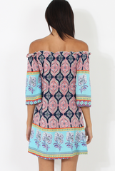 Blue Paisley Print Bardot Frill Trim Dress - Tanya-Dresses