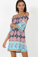 Blue Paisley Print Bardot Frill Trim Dress - Tanya-Dresses